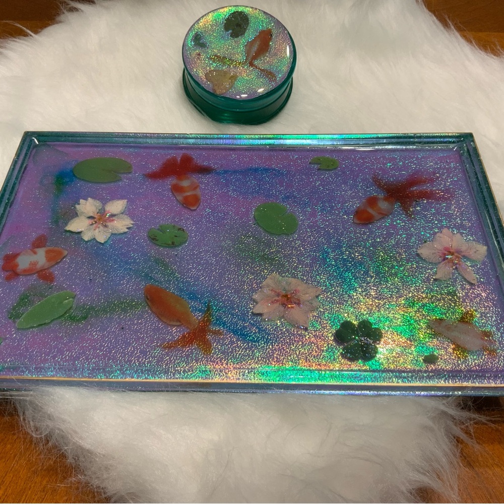 Handmade Iridescent Floral Resin Tray and Herb Grinder Set